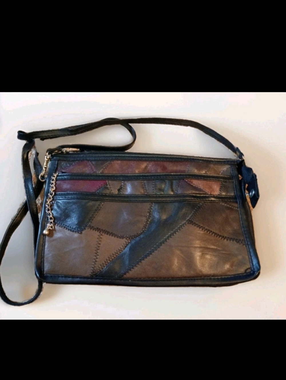 VTG 80s Patchwork Leather Crossbody Bag Brown Black Triple Zip Boho Retro Biker